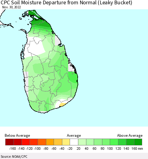 Sri Lanka CPC Soil Moisture Anomaly (Leaky Bucket) Thematic Map For 11/26/2022 - 11/30/2022