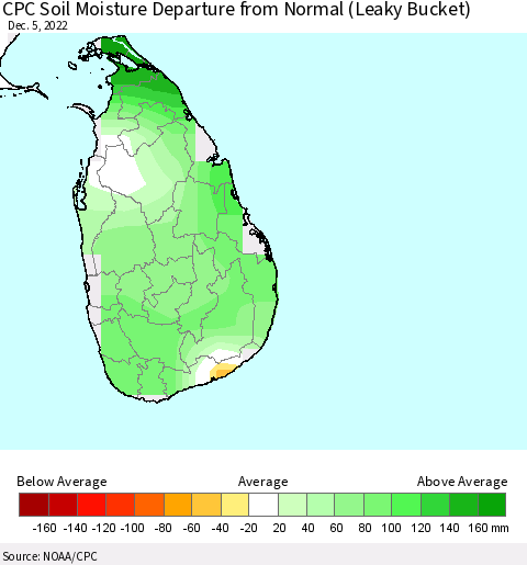 Sri Lanka CPC Soil Moisture Departure from Normal (Leaky Bucket) Thematic Map For 12/1/2022 - 12/5/2022