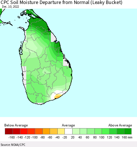 Sri Lanka CPC Calculated Soil Moisture Anomaly (Leaky Bucket) Thematic Map For 12/6/2022 - 12/10/2022