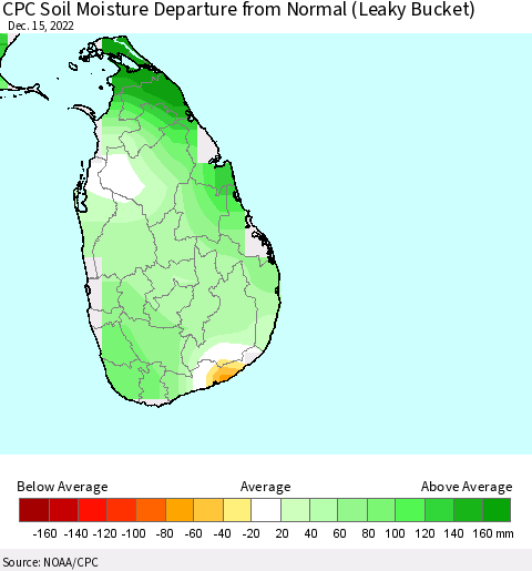 Sri Lanka CPC Calculated Soil Moisture Anomaly (Leaky Bucket) Thematic Map For 12/11/2022 - 12/15/2022
