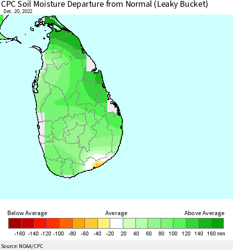 Sri Lanka CPC Soil Moisture Departure from Normal (Leaky Bucket) Thematic Map For 12/16/2022 - 12/20/2022