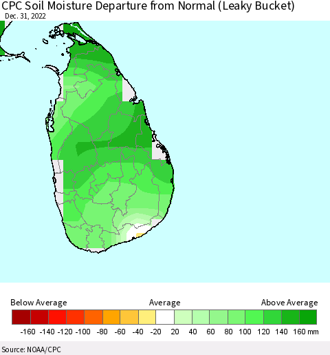 Sri Lanka CPC Soil Moisture Departure from Normal (Leaky Bucket) Thematic Map For 12/26/2022 - 12/31/2022
