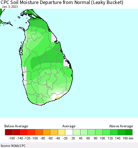Sri Lanka CPC Calculated Soil Moisture Anomaly (Leaky Bucket) Thematic Map For 1/1/2023 - 1/5/2023