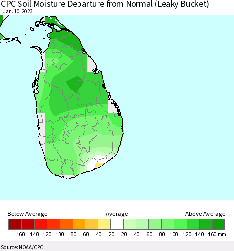 Sri Lanka CPC Calculated Soil Moisture Anomaly (Leaky Bucket) Thematic Map For 1/6/2023 - 1/10/2023