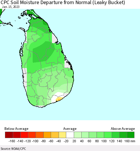 Sri Lanka CPC Soil Moisture Departure from Normal (Leaky Bucket) Thematic Map For 1/11/2023 - 1/15/2023