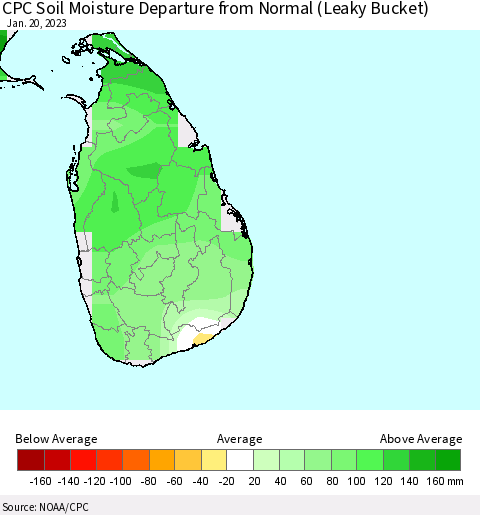 Sri Lanka CPC Calculated Soil Moisture Anomaly (Leaky Bucket) Thematic Map For 1/16/2023 - 1/20/2023