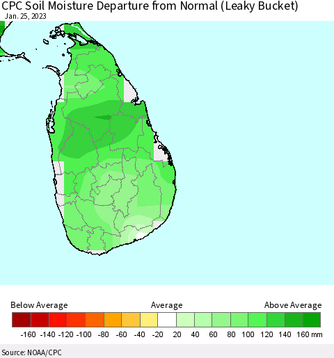 Sri Lanka CPC Calculated Soil Moisture Anomaly (Leaky Bucket) Thematic Map For 1/21/2023 - 1/25/2023