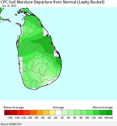 Sri Lanka CPC Calculated Soil Moisture Anomaly (Leaky Bucket) Thematic Map For 1/26/2023 - 1/31/2023