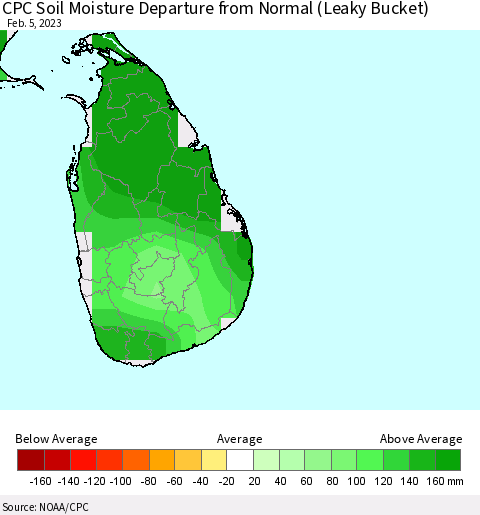 Sri Lanka CPC Calculated Soil Moisture Anomaly (Leaky Bucket) Thematic Map For 2/1/2023 - 2/5/2023