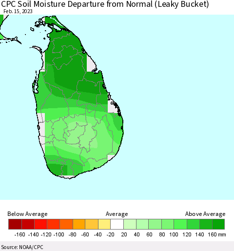 Sri Lanka CPC Calculated Soil Moisture Anomaly (Leaky Bucket) Thematic Map For 2/11/2023 - 2/15/2023