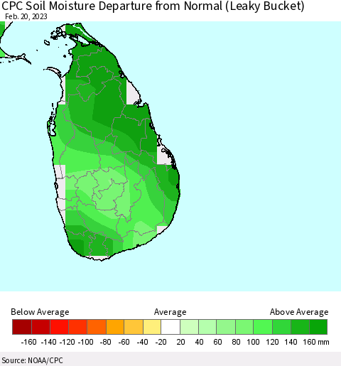 Sri Lanka CPC Calculated Soil Moisture Anomaly (Leaky Bucket) Thematic Map For 2/16/2023 - 2/20/2023