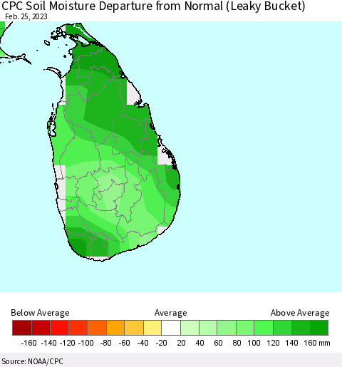 Sri Lanka CPC Calculated Soil Moisture Anomaly (Leaky Bucket) Thematic Map For 2/21/2023 - 2/25/2023