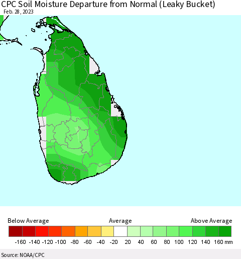 Sri Lanka CPC Calculated Soil Moisture Anomaly (Leaky Bucket) Thematic Map For 2/26/2023 - 2/28/2023