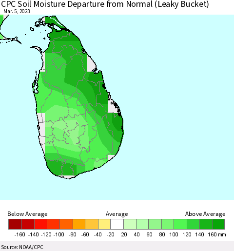 Sri Lanka CPC Calculated Soil Moisture Anomaly (Leaky Bucket) Thematic Map For 3/1/2023 - 3/5/2023