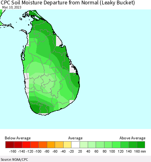 Sri Lanka CPC Calculated Soil Moisture Anomaly (Leaky Bucket) Thematic Map For 3/6/2023 - 3/10/2023