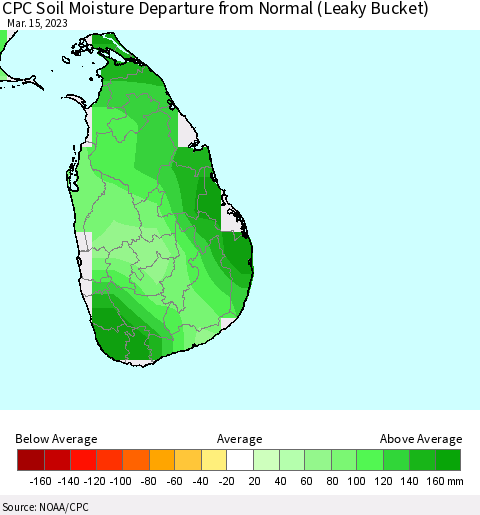 Sri Lanka CPC Calculated Soil Moisture Anomaly (Leaky Bucket) Thematic Map For 3/11/2023 - 3/15/2023