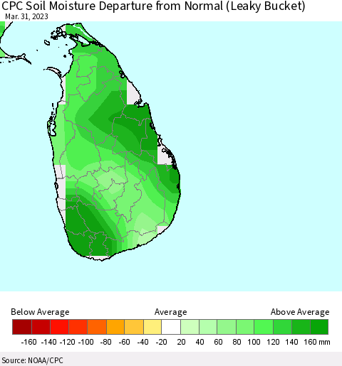 Sri Lanka CPC Soil Moisture Departure from Normal (Leaky Bucket) Thematic Map For 3/26/2023 - 3/31/2023