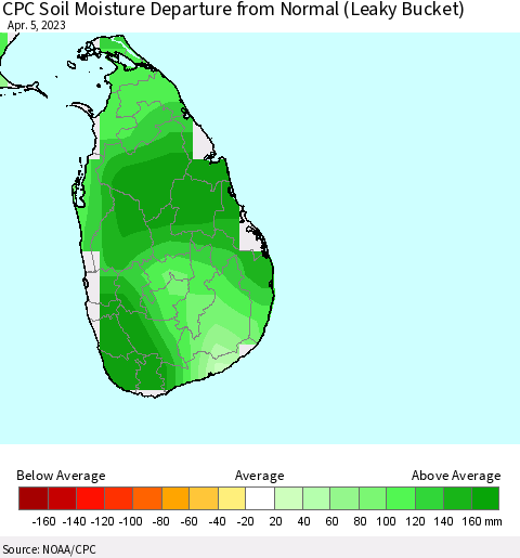 Sri Lanka CPC Soil Moisture Departure from Normal (Leaky Bucket) Thematic Map For 4/1/2023 - 4/5/2023