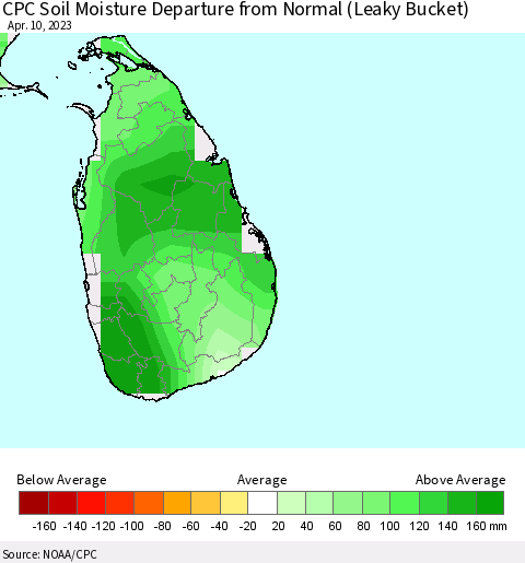Sri Lanka CPC Soil Moisture Departure from Normal (Leaky Bucket) Thematic Map For 4/6/2023 - 4/10/2023