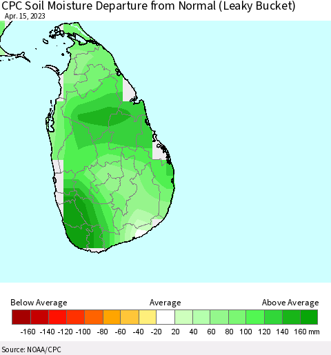 Sri Lanka CPC Soil Moisture Departure from Normal (Leaky Bucket) Thematic Map For 4/11/2023 - 4/15/2023