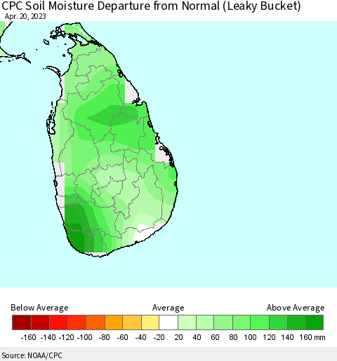 Sri Lanka CPC Soil Moisture Departure from Normal (Leaky Bucket) Thematic Map For 4/16/2023 - 4/20/2023