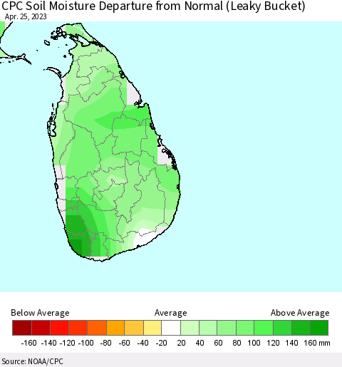 Sri Lanka CPC Soil Moisture Departure from Normal (Leaky Bucket) Thematic Map For 4/21/2023 - 4/25/2023