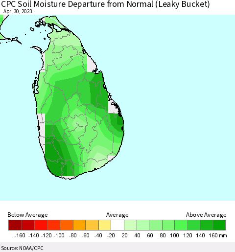 Sri Lanka CPC Soil Moisture Departure from Normal (Leaky Bucket) Thematic Map For 4/26/2023 - 4/30/2023