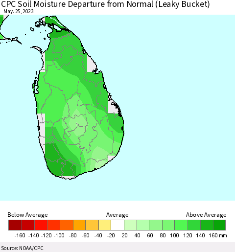 Sri Lanka CPC Soil Moisture Departure from Normal (Leaky Bucket) Thematic Map For 5/21/2023 - 5/25/2023