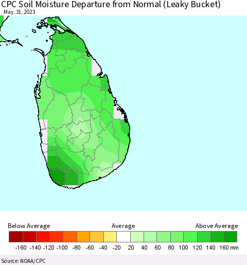Sri Lanka CPC Soil Moisture Departure from Normal (Leaky Bucket) Thematic Map For 5/26/2023 - 5/31/2023