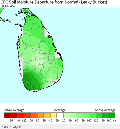 Sri Lanka CPC Soil Moisture Anomaly (Leaky Bucket) Thematic Map For 6/1/2023 - 6/5/2023