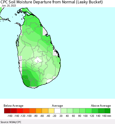 Sri Lanka CPC Soil Moisture Anomaly (Leaky Bucket) Thematic Map For 6/16/2023 - 6/20/2023
