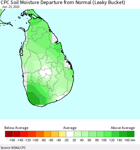 Sri Lanka CPC Soil Moisture Anomaly (Leaky Bucket) Thematic Map For 6/21/2023 - 6/25/2023