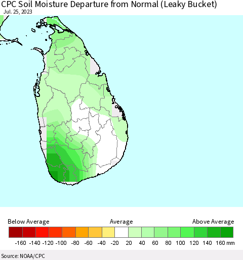 Sri Lanka CPC Soil Moisture Departure from Normal (Leaky Bucket) Thematic Map For 7/21/2023 - 7/25/2023