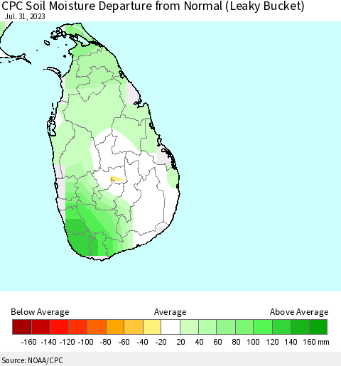 Sri Lanka CPC Soil Moisture Departure from Normal (Leaky Bucket) Thematic Map For 7/26/2023 - 7/31/2023