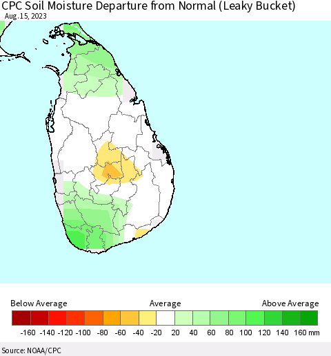 Sri Lanka CPC Soil Moisture Anomaly (Leaky Bucket) Thematic Map For 8/11/2023 - 8/15/2023