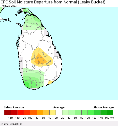 Sri Lanka CPC Soil Moisture Departure from Normal (Leaky Bucket) Thematic Map For 8/16/2023 - 8/20/2023