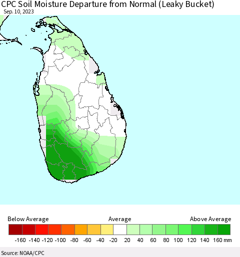 Sri Lanka CPC Soil Moisture Departure from Normal (Leaky Bucket) Thematic Map For 9/6/2023 - 9/10/2023