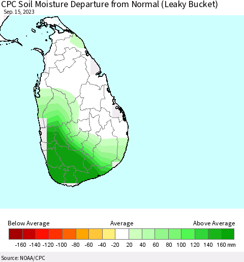 Sri Lanka CPC Soil Moisture Departure from Normal (Leaky Bucket) Thematic Map For 9/11/2023 - 9/15/2023