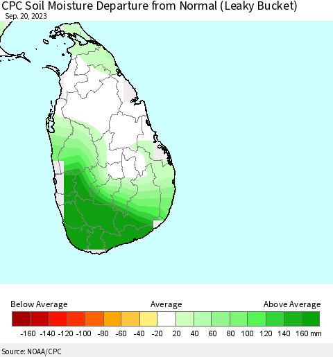 Sri Lanka CPC Soil Moisture Anomaly (Leaky Bucket) Thematic Map For 9/16/2023 - 9/20/2023