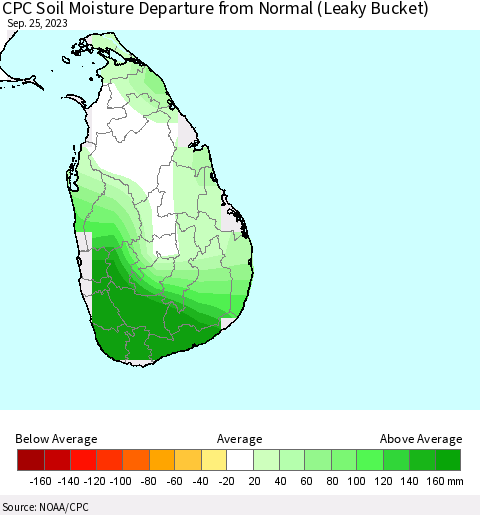 Sri Lanka CPC Soil Moisture Departure from Normal (Leaky Bucket) Thematic Map For 9/21/2023 - 9/25/2023