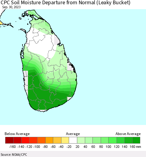 Sri Lanka CPC Soil Moisture Departure from Normal (Leaky Bucket) Thematic Map For 9/26/2023 - 9/30/2023