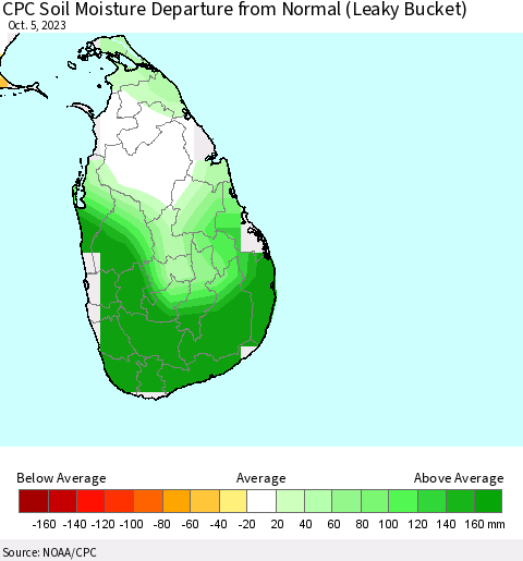 Sri Lanka CPC Soil Moisture Departure from Normal (Leaky Bucket) Thematic Map For 10/1/2023 - 10/5/2023