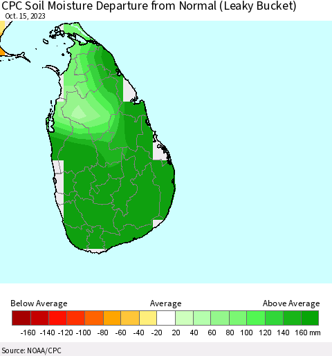 Sri Lanka CPC Soil Moisture Departure from Normal (Leaky Bucket) Thematic Map For 10/11/2023 - 10/15/2023
