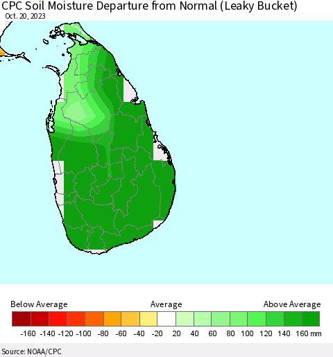 Sri Lanka CPC Soil Moisture Departure from Normal (Leaky Bucket) Thematic Map For 10/16/2023 - 10/20/2023