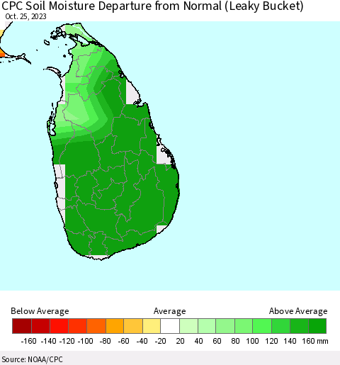 Sri Lanka CPC Soil Moisture Anomaly (Leaky Bucket) Thematic Map For 10/21/2023 - 10/25/2023