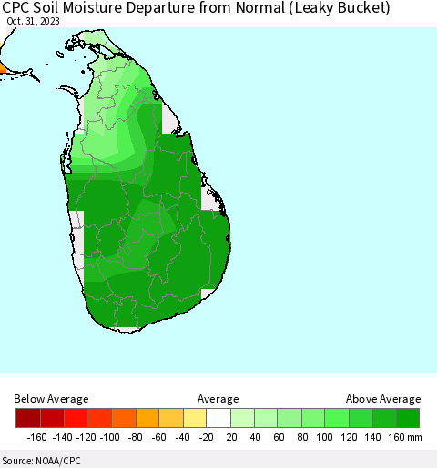 Sri Lanka CPC Soil Moisture Anomaly (Leaky Bucket) Thematic Map For 10/26/2023 - 10/31/2023