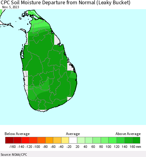Sri Lanka CPC Soil Moisture Departure from Normal (Leaky Bucket) Thematic Map For 11/1/2023 - 11/5/2023