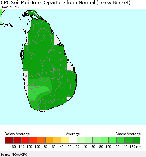 Sri Lanka CPC Soil Moisture Anomaly (Leaky Bucket) Thematic Map For 11/16/2023 - 11/20/2023