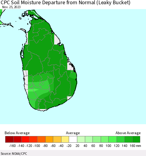 Sri Lanka CPC Soil Moisture Anomaly (Leaky Bucket) Thematic Map For 11/21/2023 - 11/25/2023