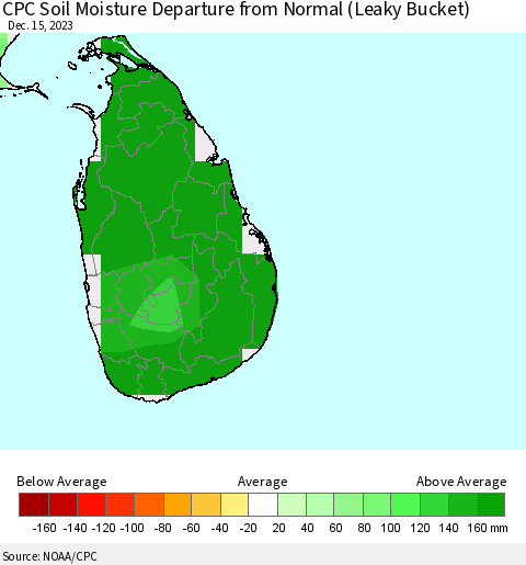 Sri Lanka CPC Soil Moisture Departure from Normal (Leaky Bucket) Thematic Map For 12/11/2023 - 12/15/2023